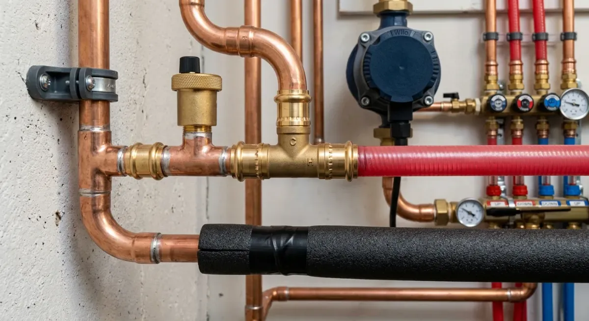 Copper hydronic heating pipes with a circulator pump