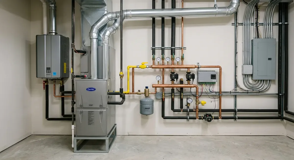 Mechanical room with a furnace and piping