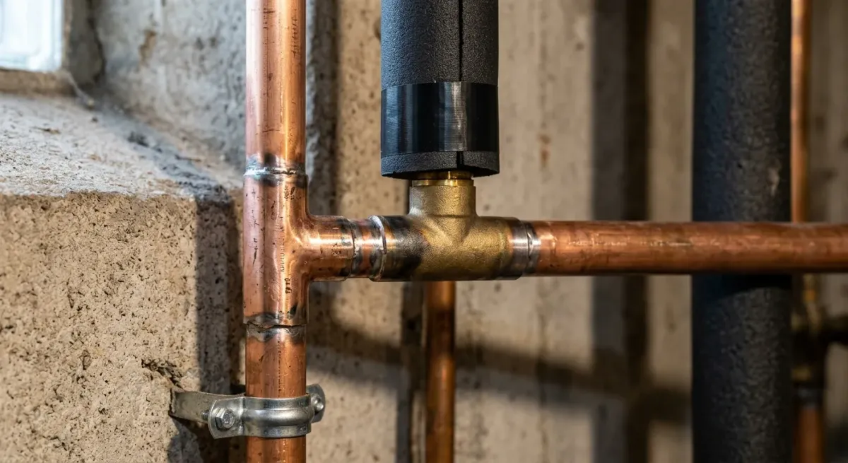 Copper water line tee at a foundation wall
