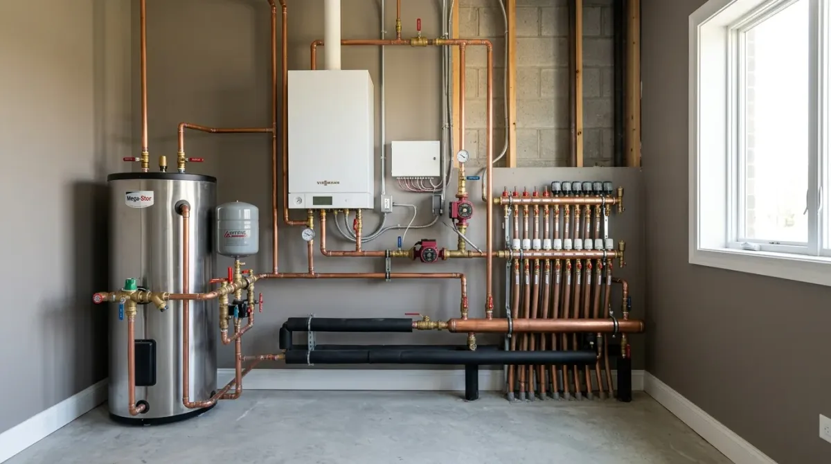 Basement water heater with a copper manifold