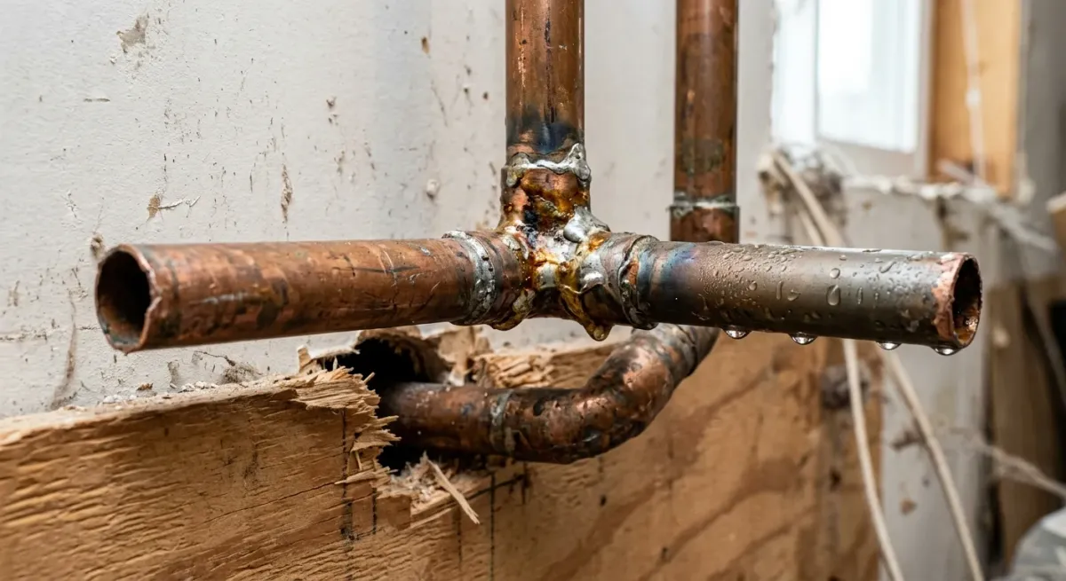 Corroded, burst copper pipe in an open wall