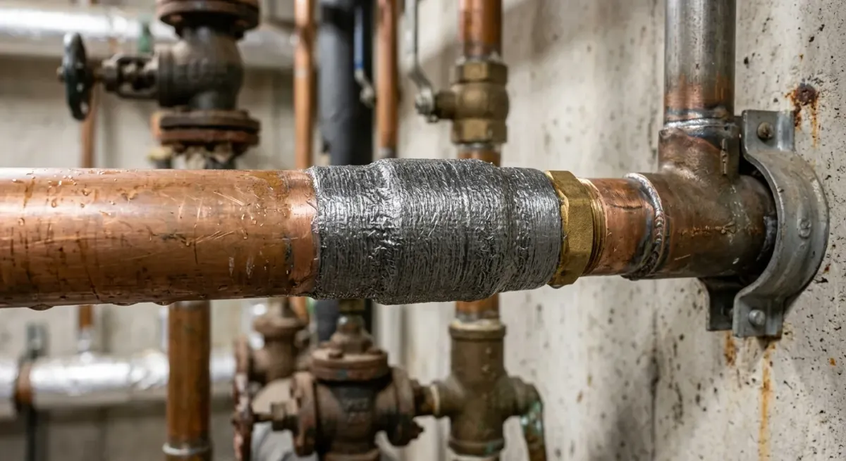 Corroded copper pipe with a temporary wrap repair