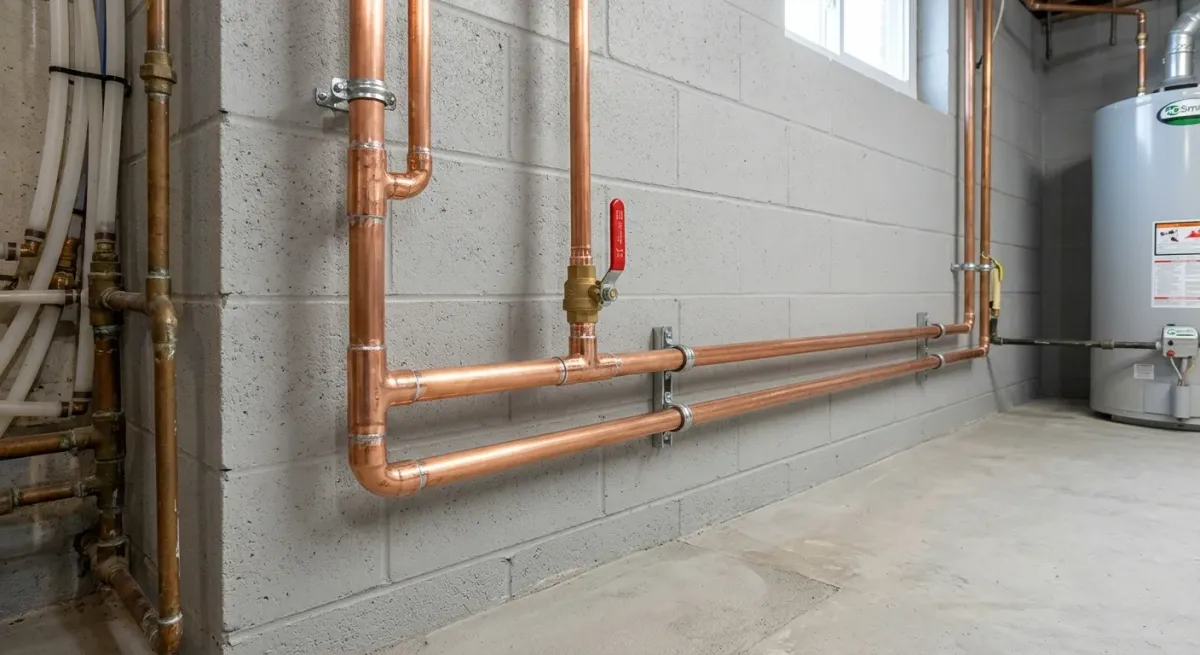 Copper supply lines along a block basement wall
