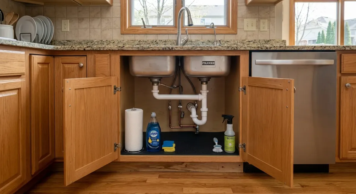 Kitchen sink cabinet open to show the drain piping