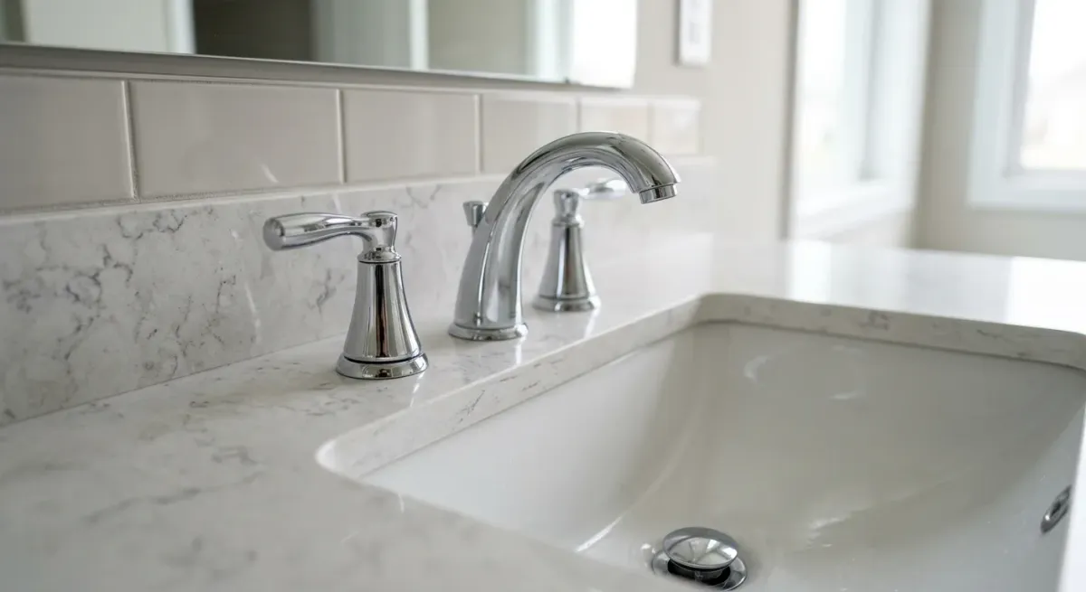 Chrome bathroom faucet over a white sink