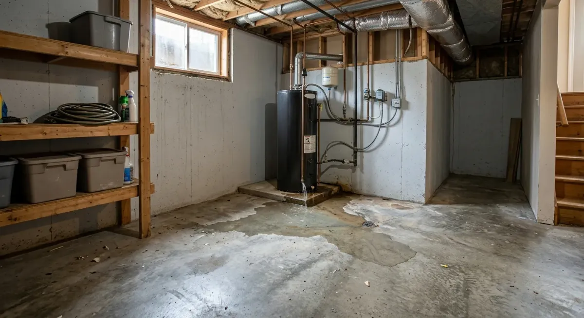 Unfinished basement with a water heater and a wet floor