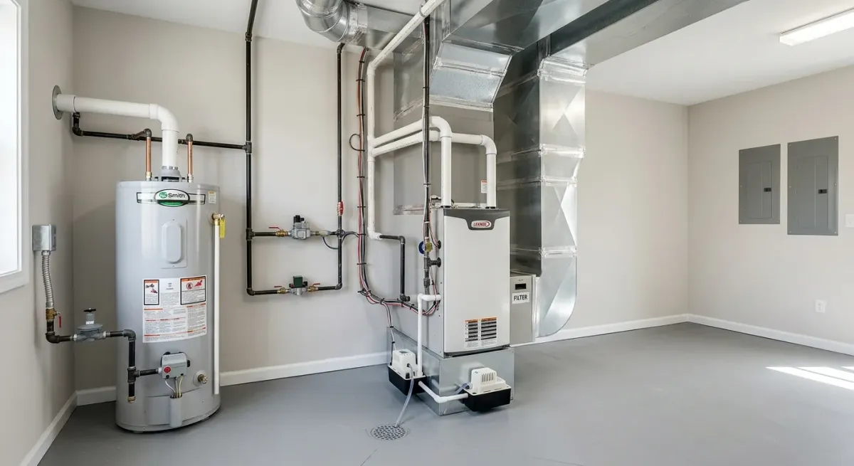 Utility room with a water heater and furnace