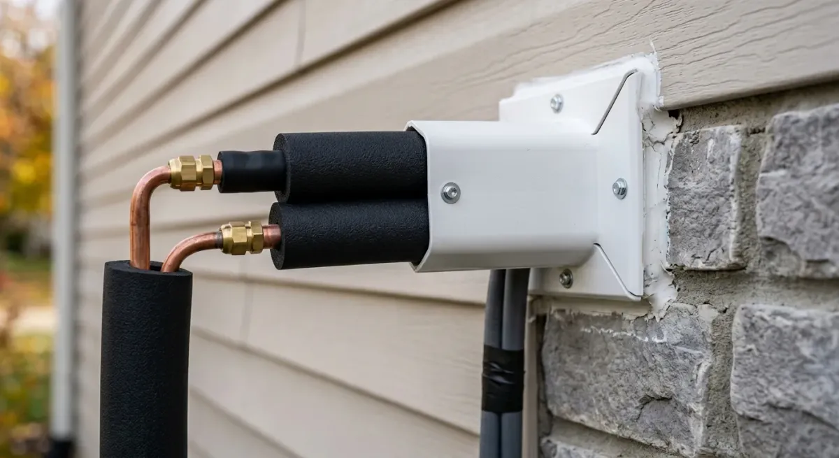 Insulated refrigerant lines entering an exterior wall