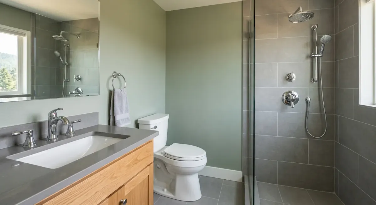 Bathroom with a vanity sink, toilet and glass shower