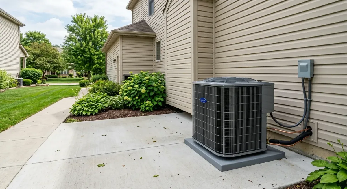 Air conditioner condenser beside a house