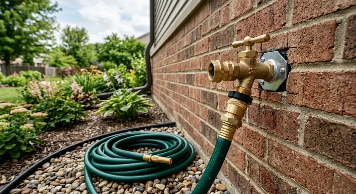 Brass hose bib on a brick wall