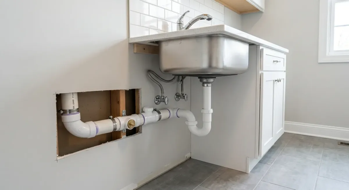 Kitchen sink drain piping exposed through an open wall