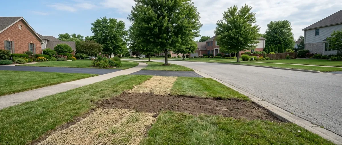 Patched lawn strip along a residential street