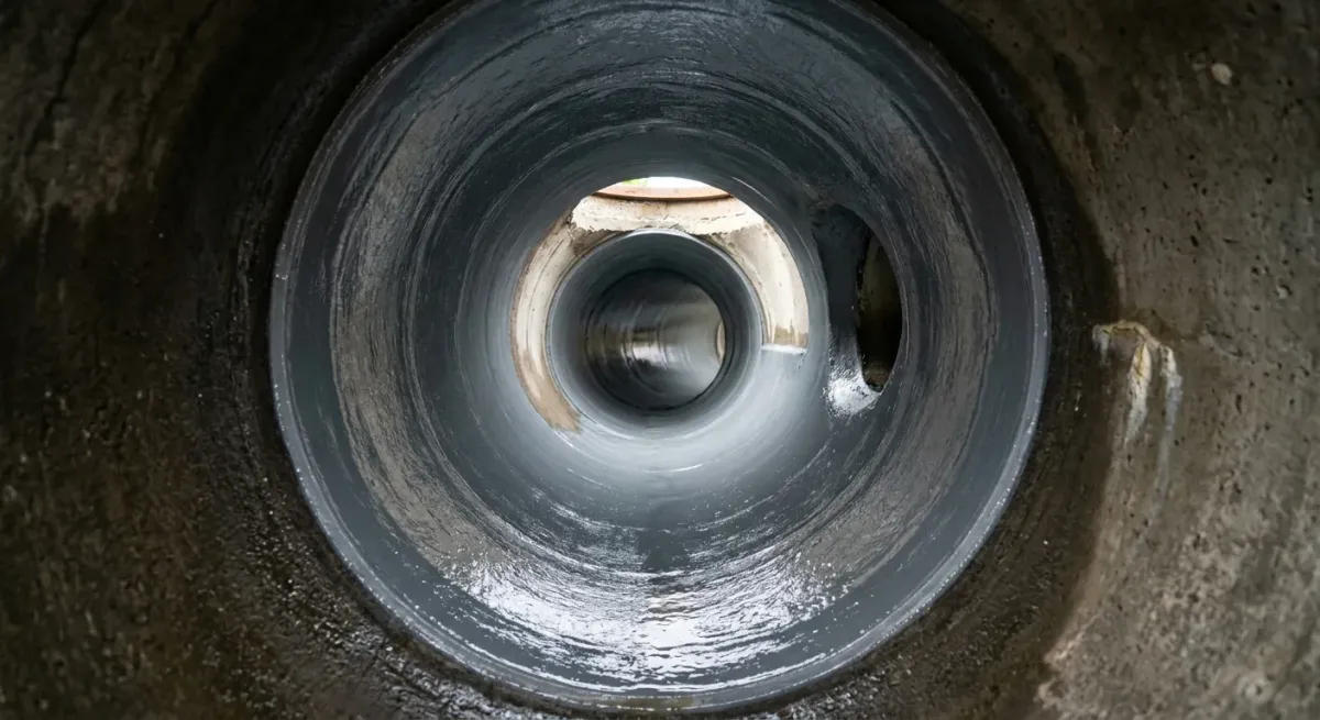 Camera view looking down the inside of a drain pipe