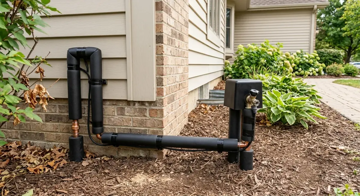 Outdoor sump discharge pipe beside a home