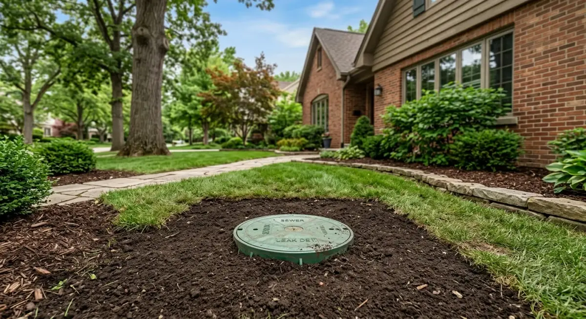 Sewer cleanout cap in a mulched front yard bed