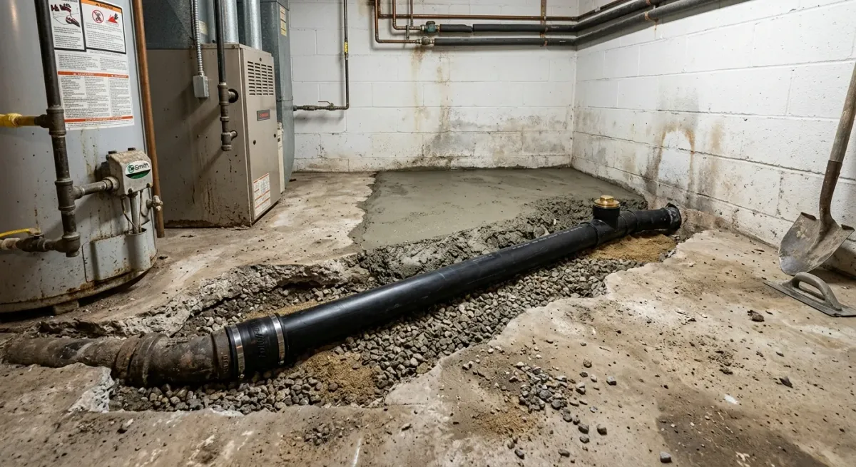 Basement floor trenched for a new drain line