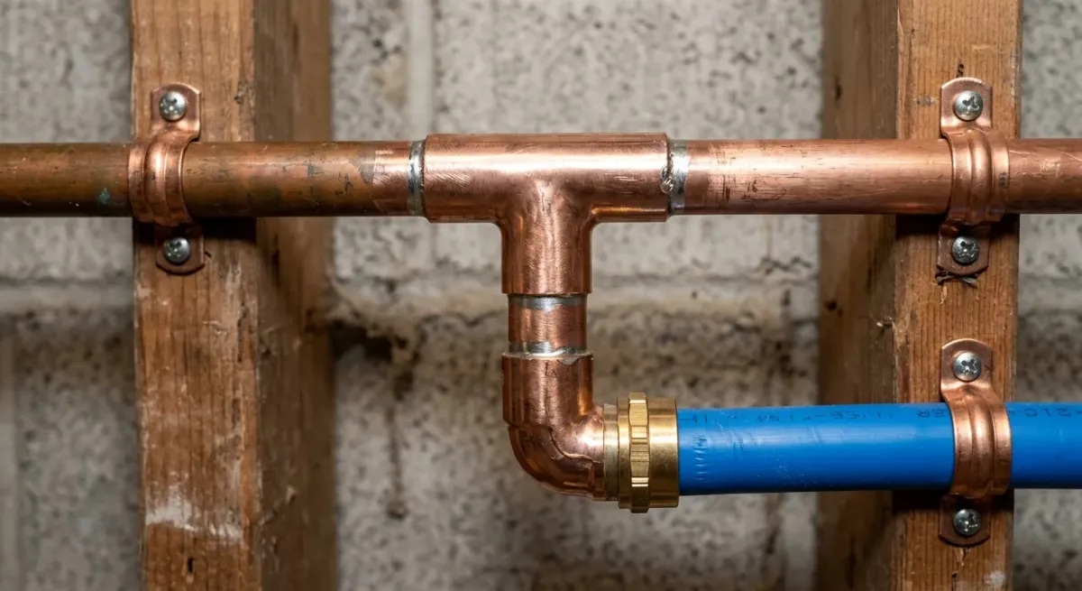Copper tee joining a blue PEX line on a basement wall
