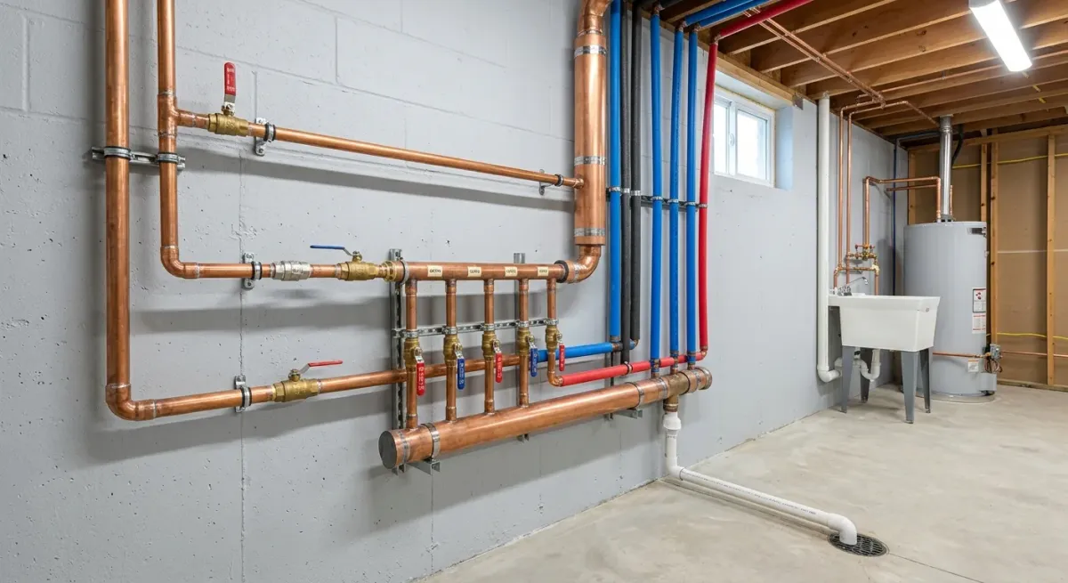 Copper and PEX water manifold on a basement wall