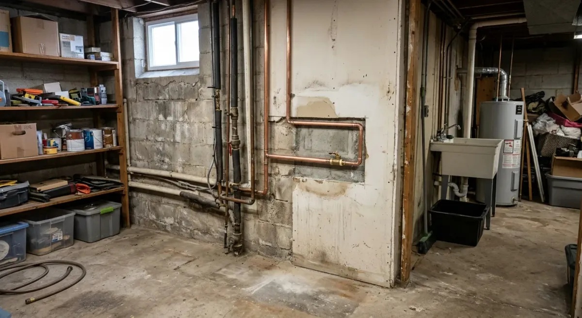 Old water and drain pipes in a basement