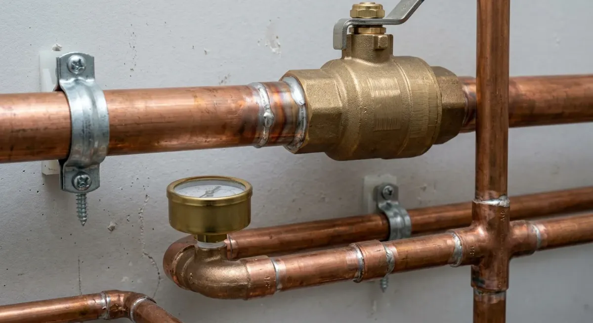 Brass valve and pressure gauge on copper pipe