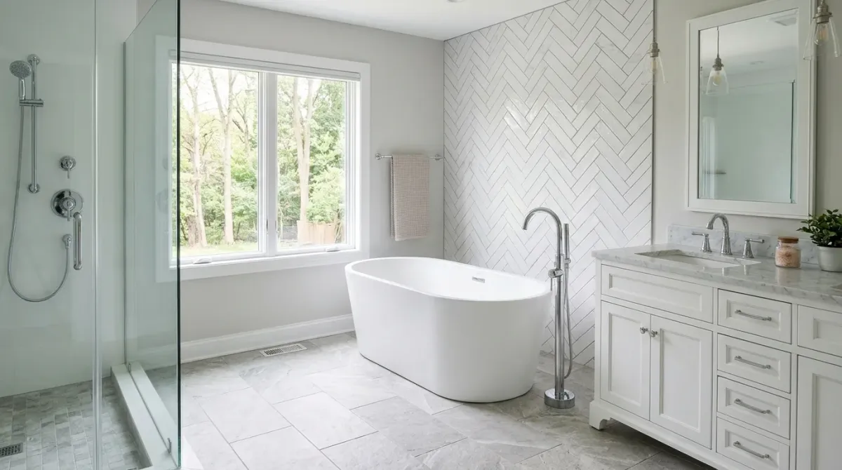 Freestanding bathtub in a bathroom
