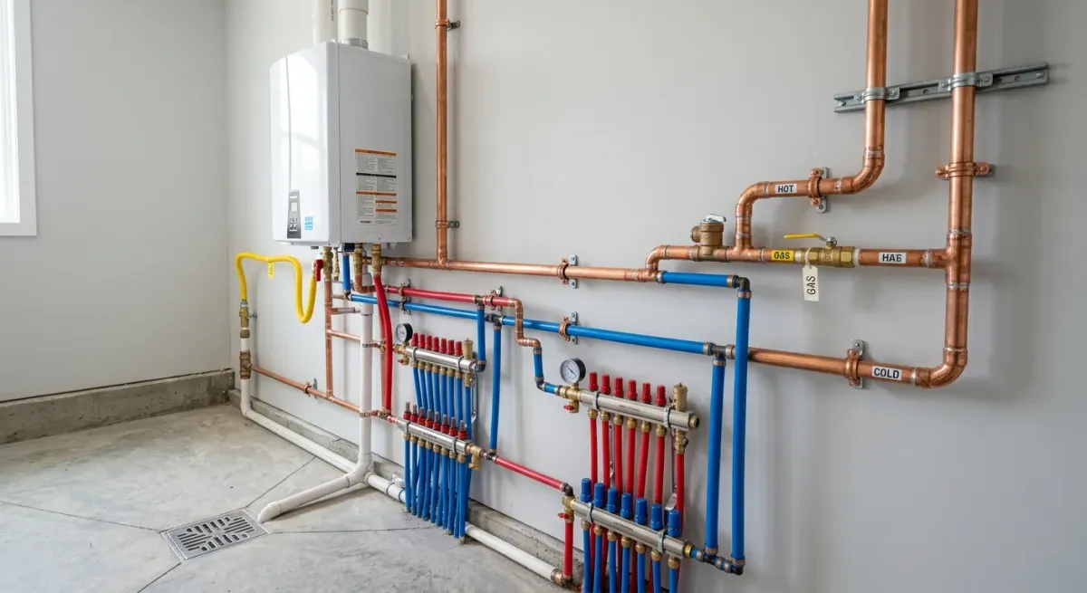 Wall-mounted tankless water heater with copper and PEX piping