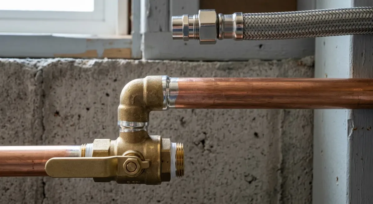 Brass shutoff valve on a copper line at a foundation wall