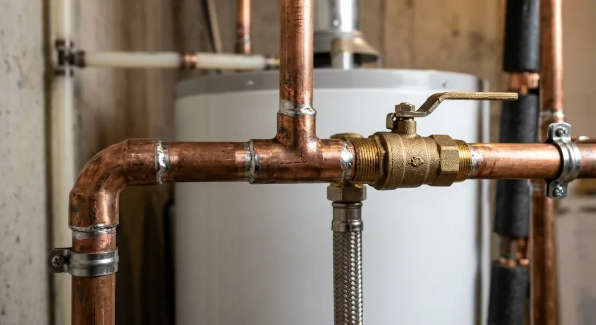 Copper piping connected to a water heater
