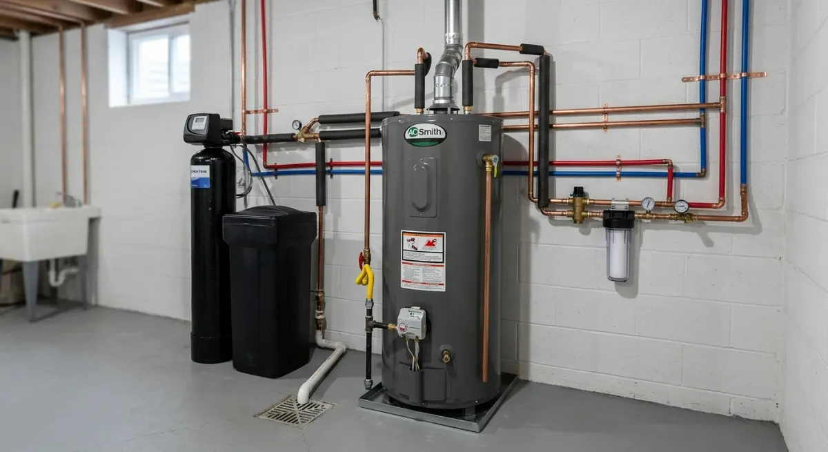 Water heater beside a water softener