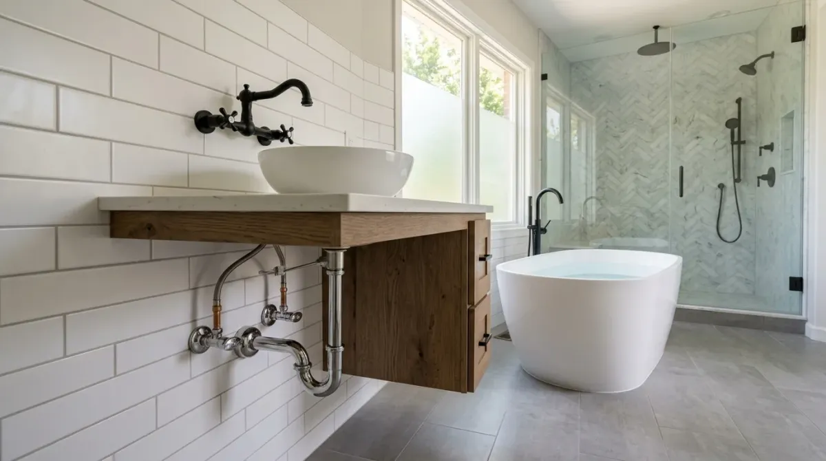 Bathroom with a vessel sink, exposed pipes and a soaking tub