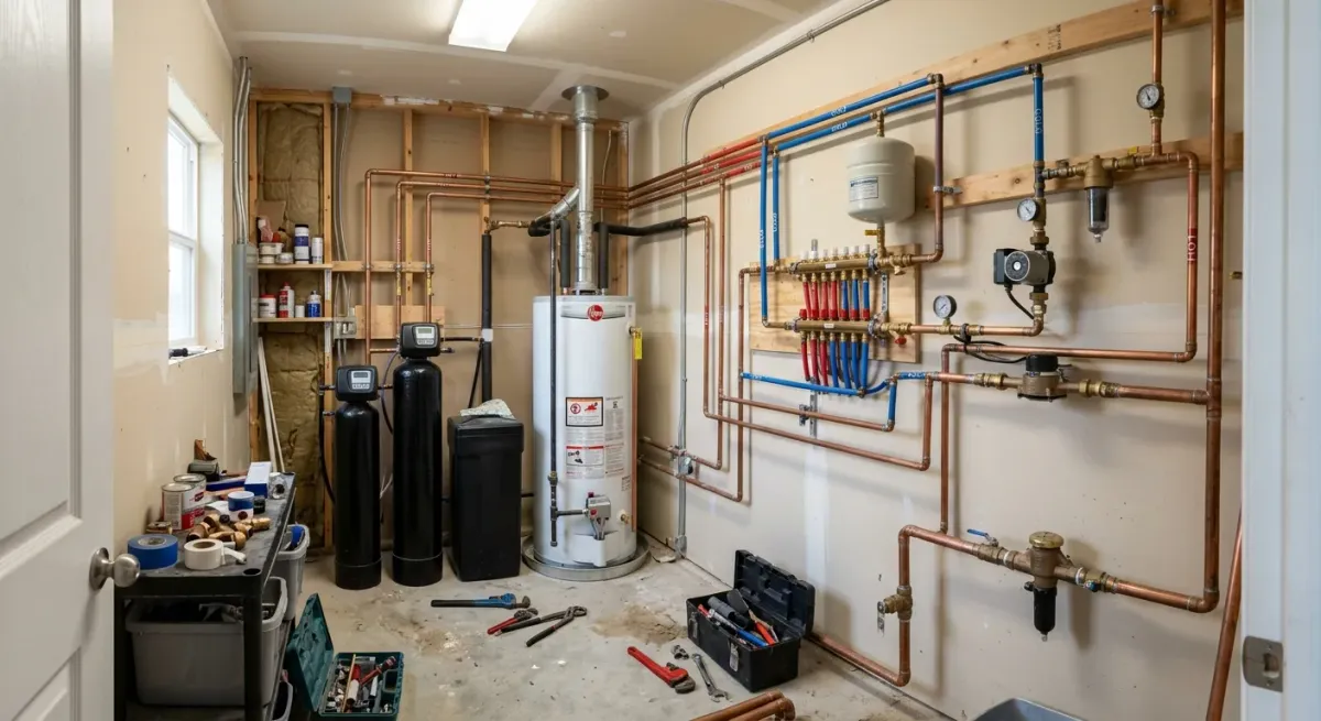 Basement plumbing with tools laid out