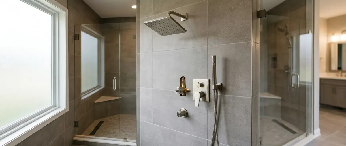 Shower valve and fixtures in a tiled shower