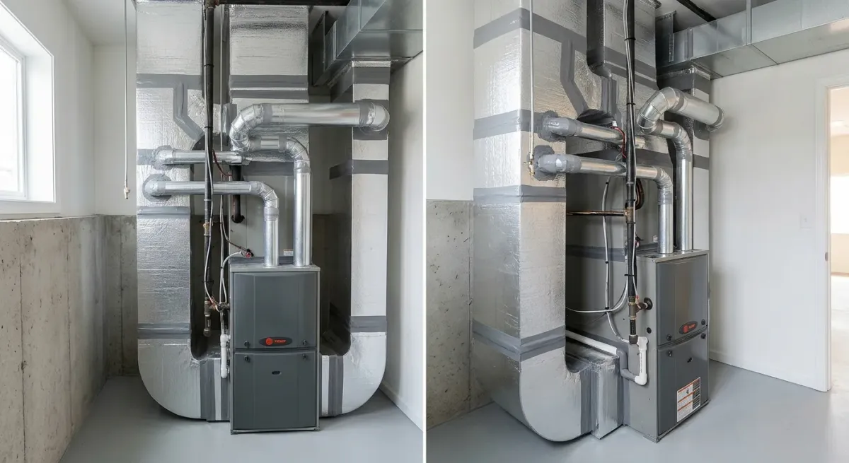 Basement furnace with new ductwork, shown two ways