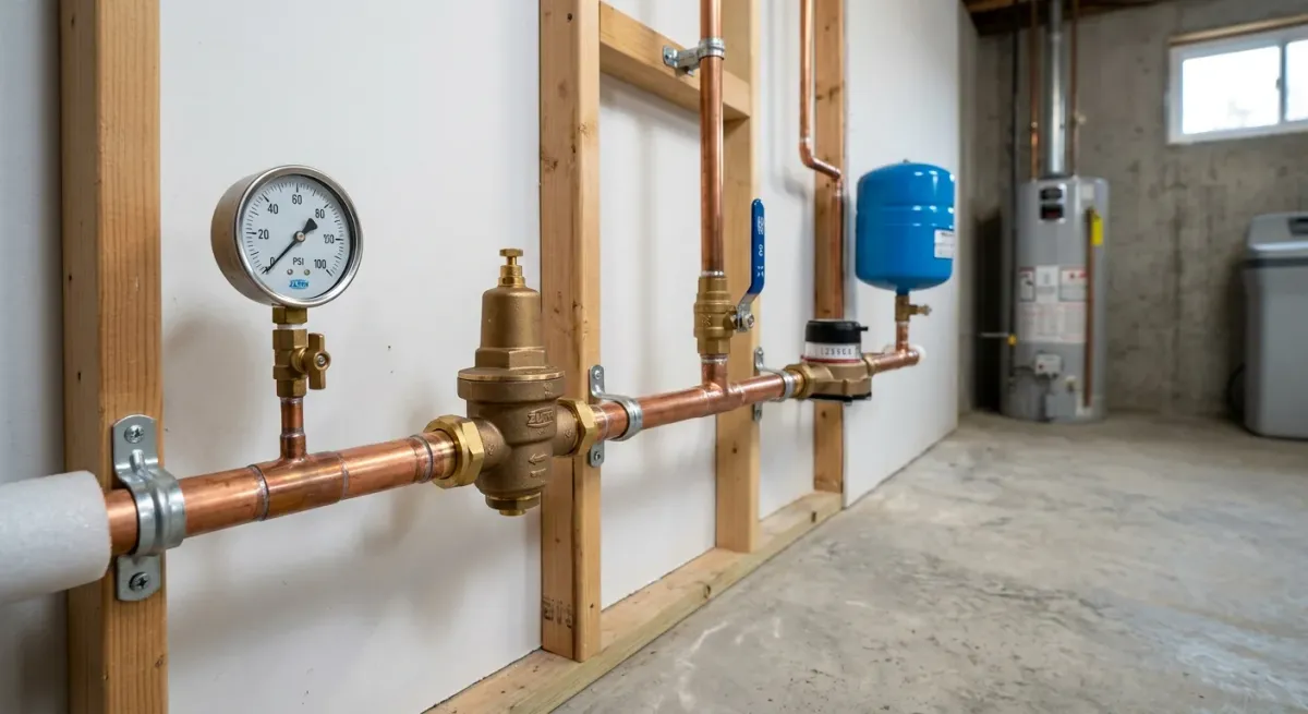 Pressure gauge and expansion tank on copper water piping