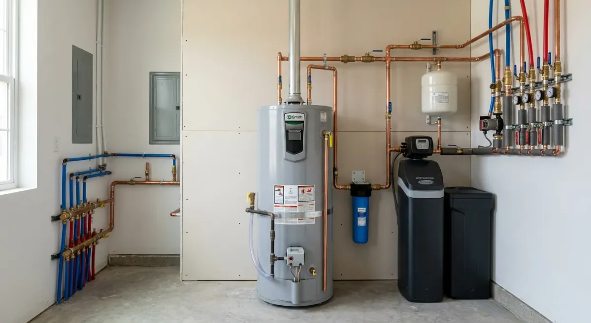Water heater beside a water softener