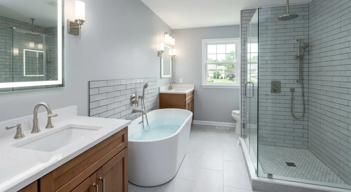 Bathroom with a soaking tub, glass shower and vanity