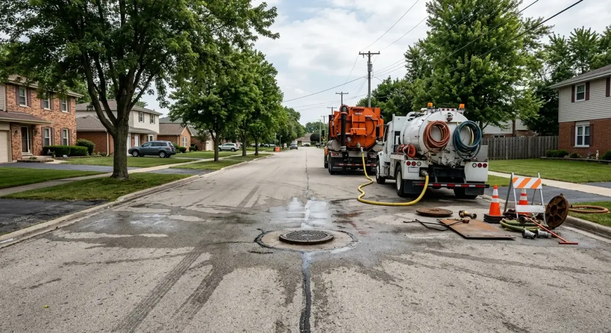 Sewer service truck working at a street manhole