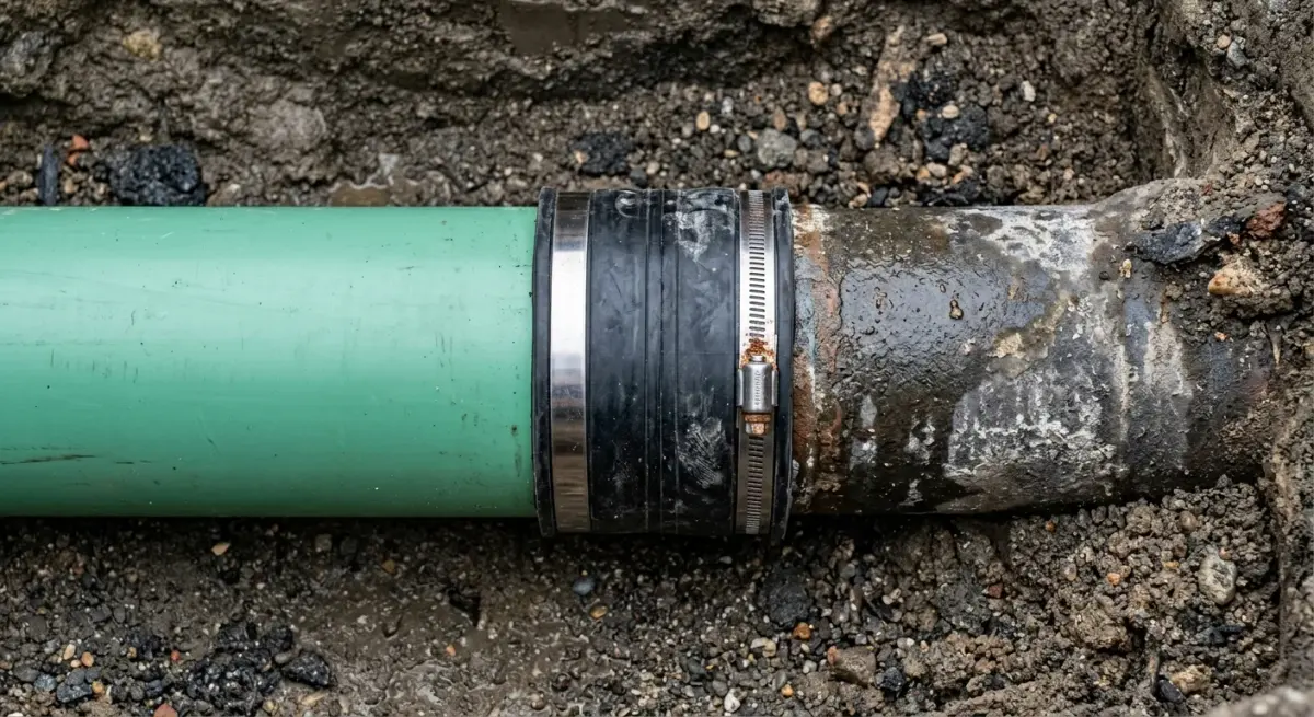 New green PVC sewer pipe coupled to old cast iron