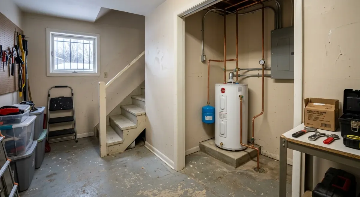 Basement water heater under a staircase