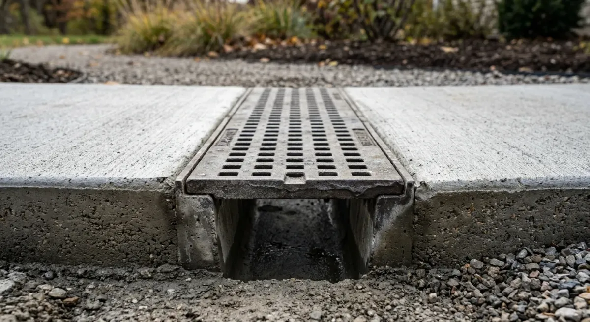 Trench drain grate set in concrete