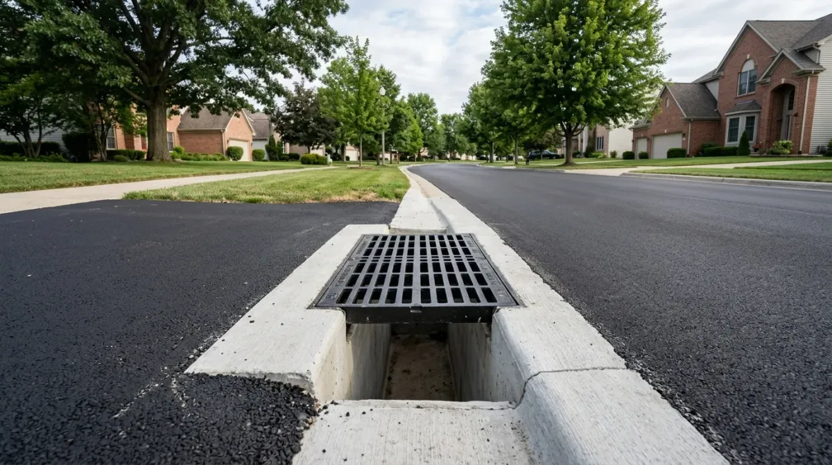 Storm drain grate at a residential street curb