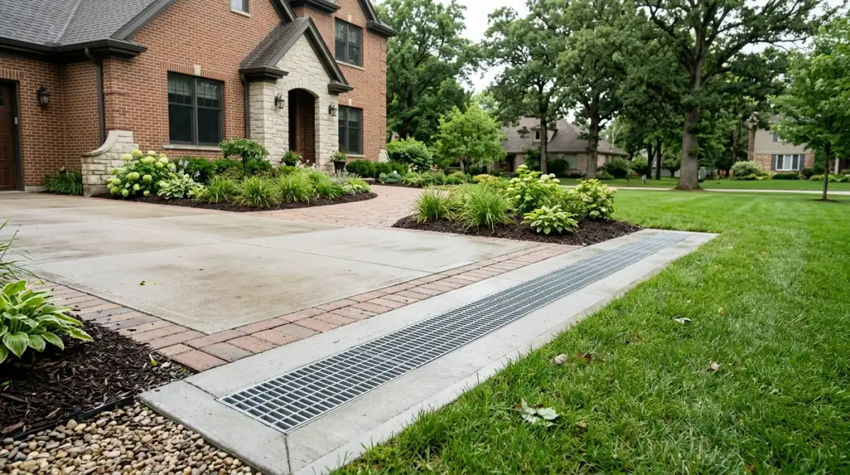 Trench drain along a concrete driveway