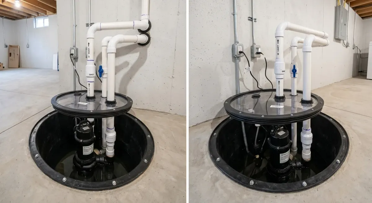 Sealed sump basin with new pump and piping, two views