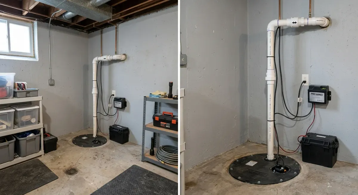 Sump pump with a battery backup, two views