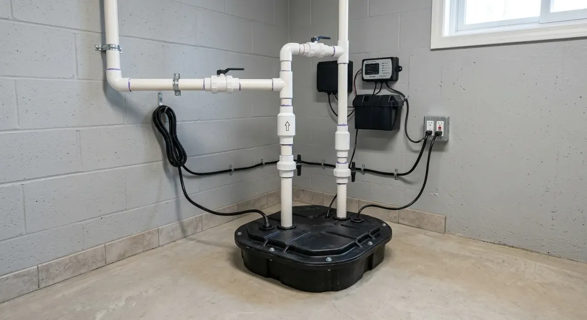 Sump pump with a backup system and white discharge piping