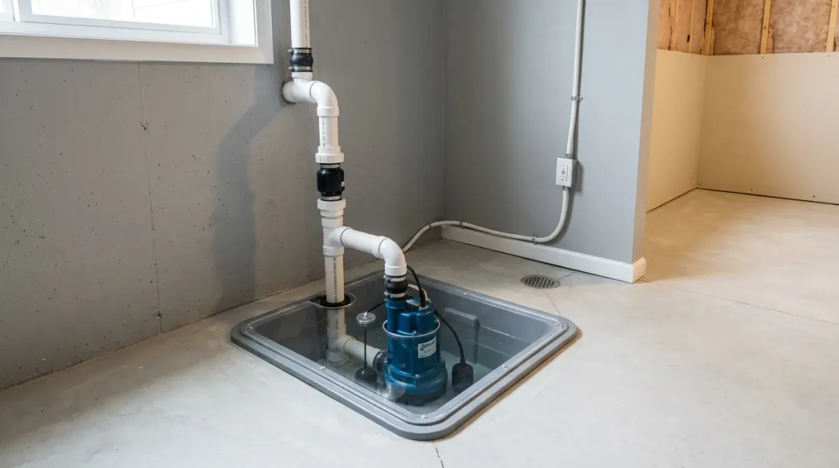 Sump pump in a basin set in a basement floor