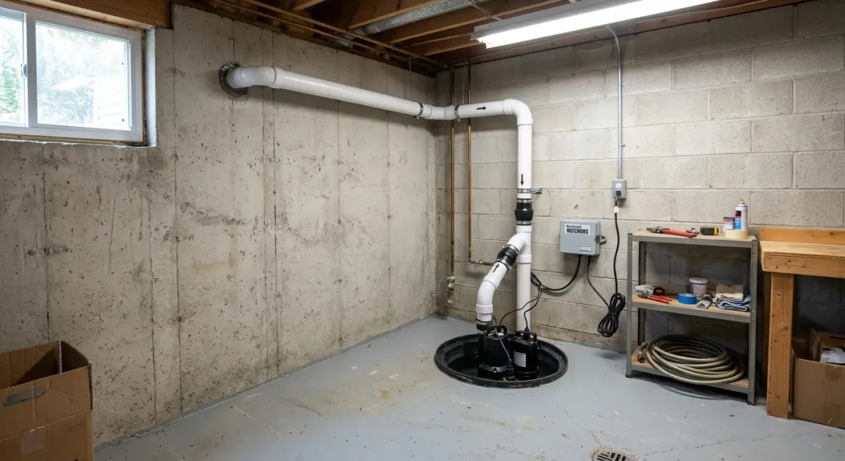 Sump pump and discharge pipe in a basement corner