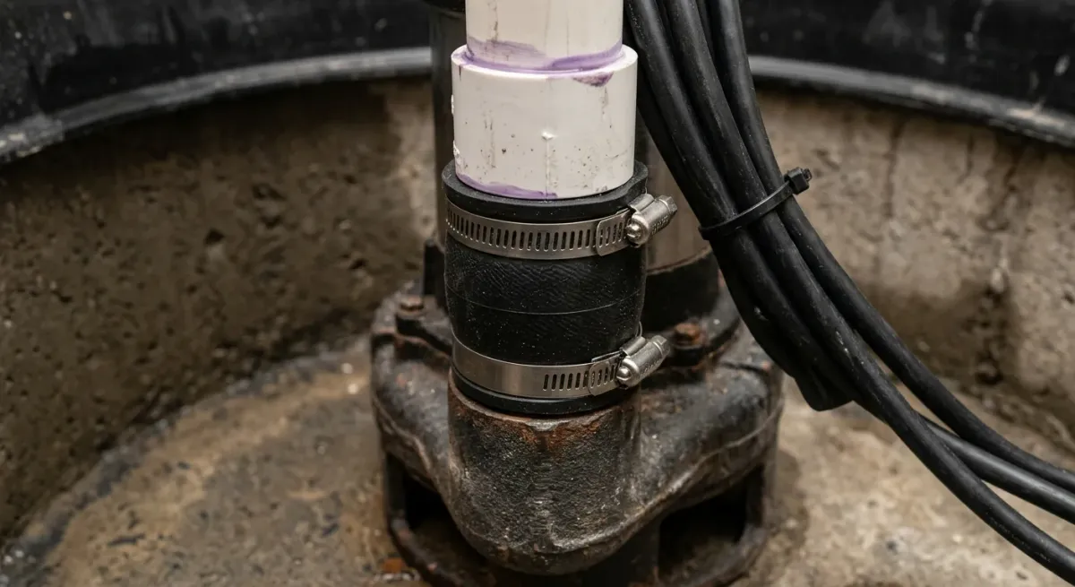 Close-up of a sump pump discharge connection in a pit