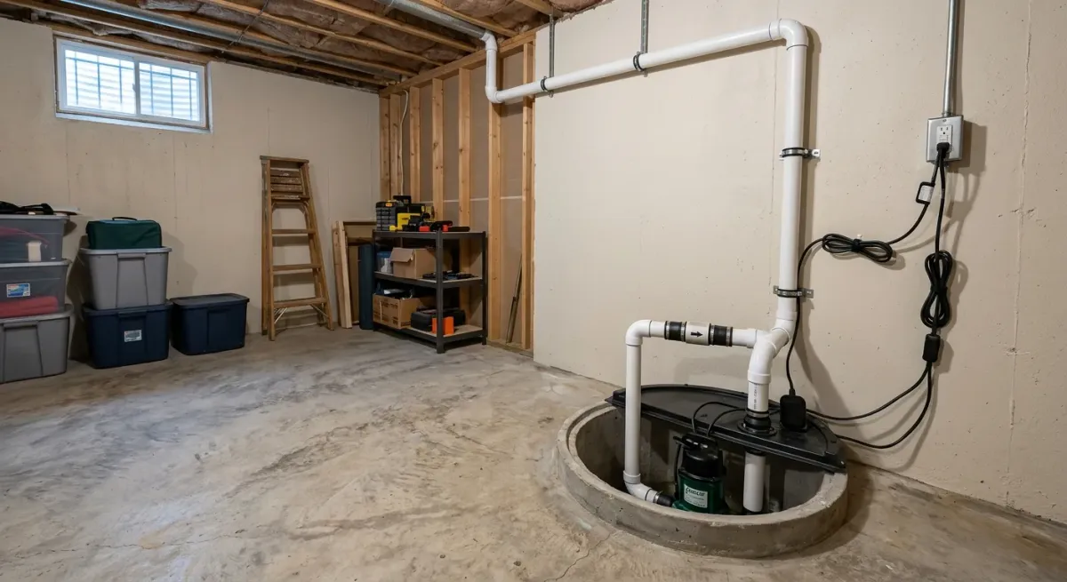 Sump pump and white discharge piping in a basement